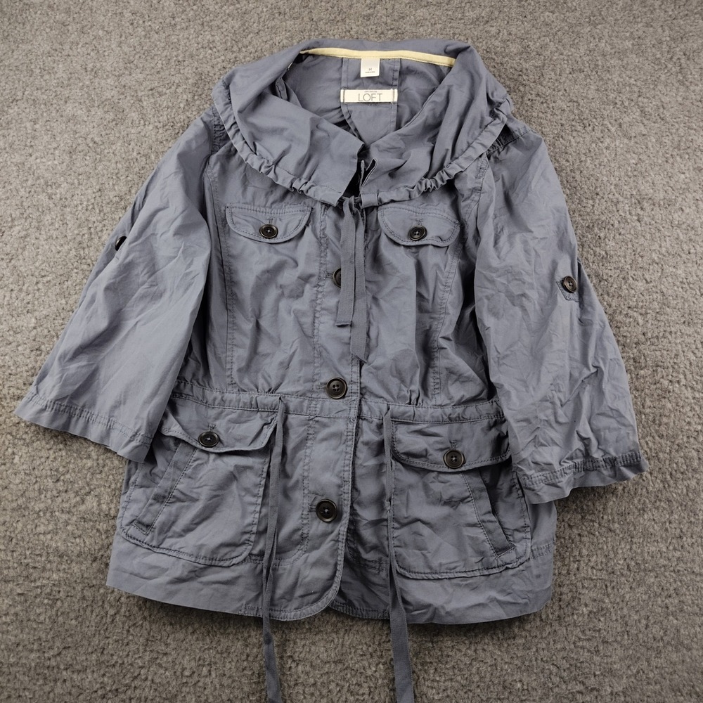 Ann Taylor Loft Utility Jacket Blue Gray Ruffle Collar Drawstring Waist Medium